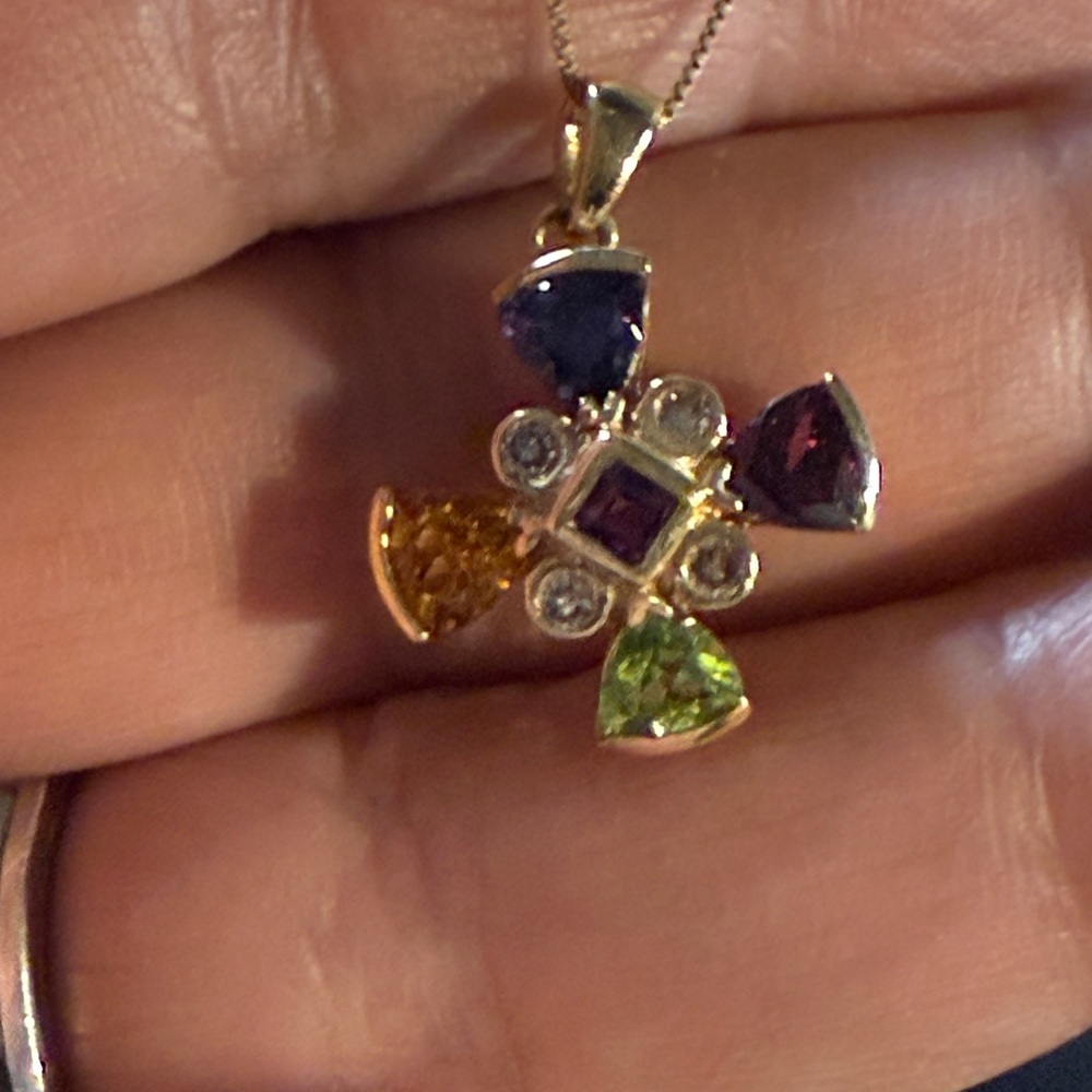 14K Gold Diamond & Gemstone Cross Pendant‎ Necklace.